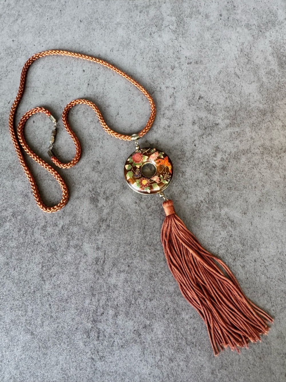 Vintage Cloisonne Brown Boho Tassel Statement Necklace on Braided Cord
